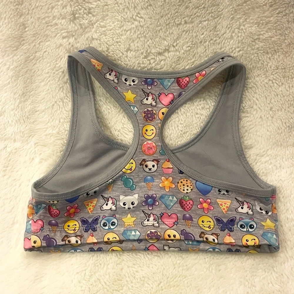 Justice Girls sports bras. 3 bras (1 unbranded). Green, gray, emojis Size L girl